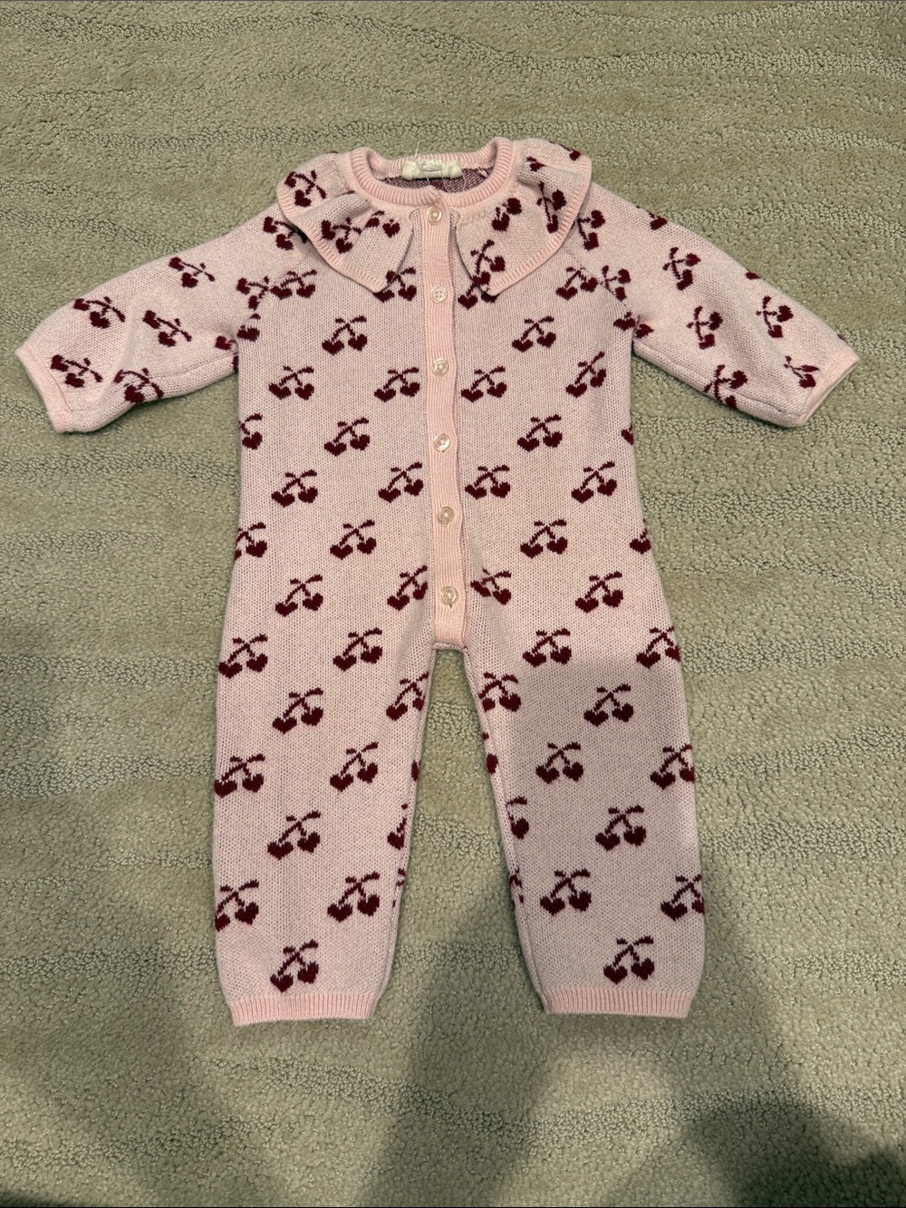 Louise Louise Paris Pink Cherry Knit Footie Romper with Ruffled Collar